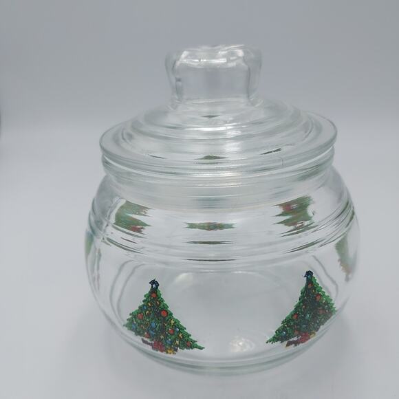 Vintage KIG Indonesia Clear Glass w Christmas Trees Print Round Lidded Jar 4.75" - Picture 1 of 3